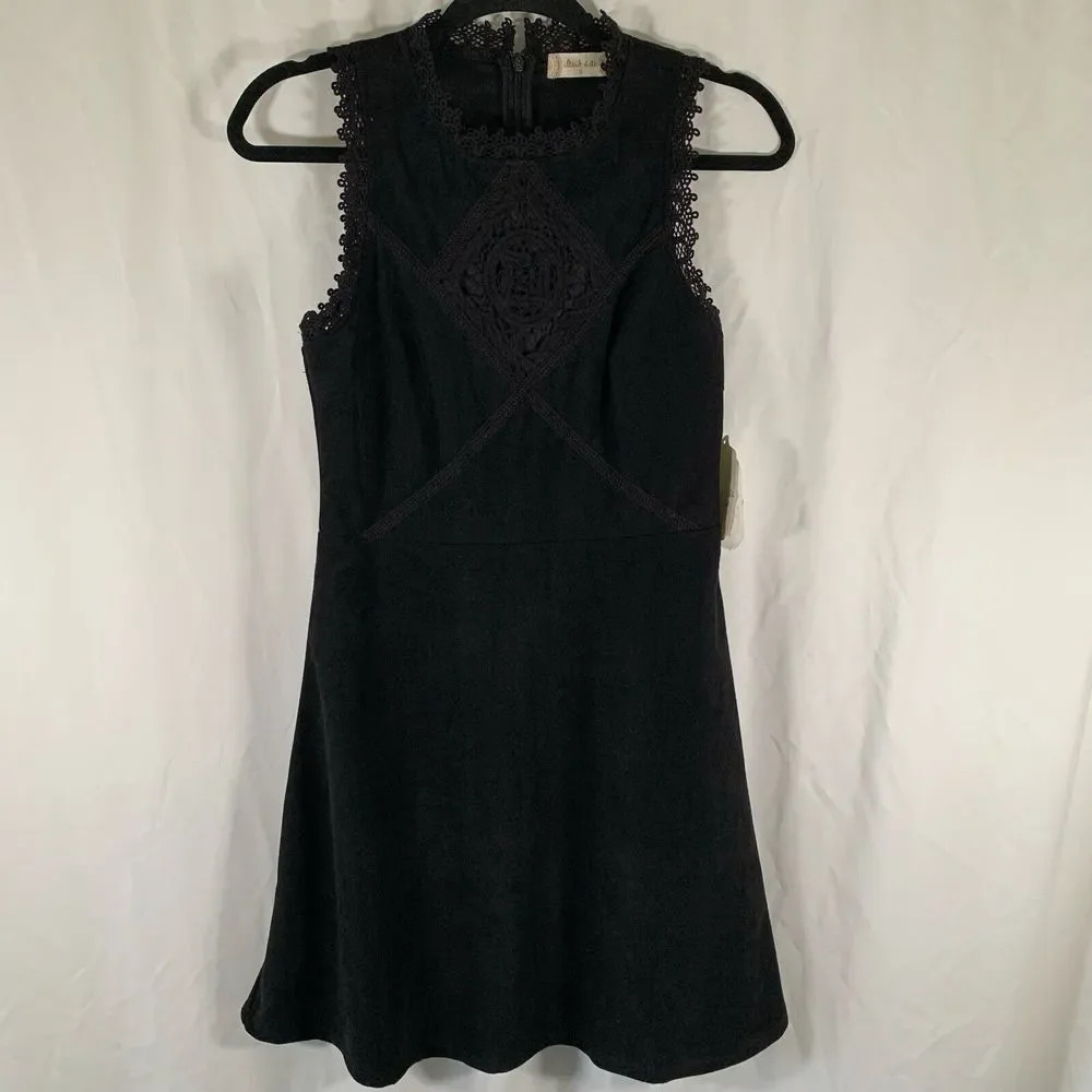 altar'd state Mini Dress Women's Small Black Faux Suede Crochet Trim New